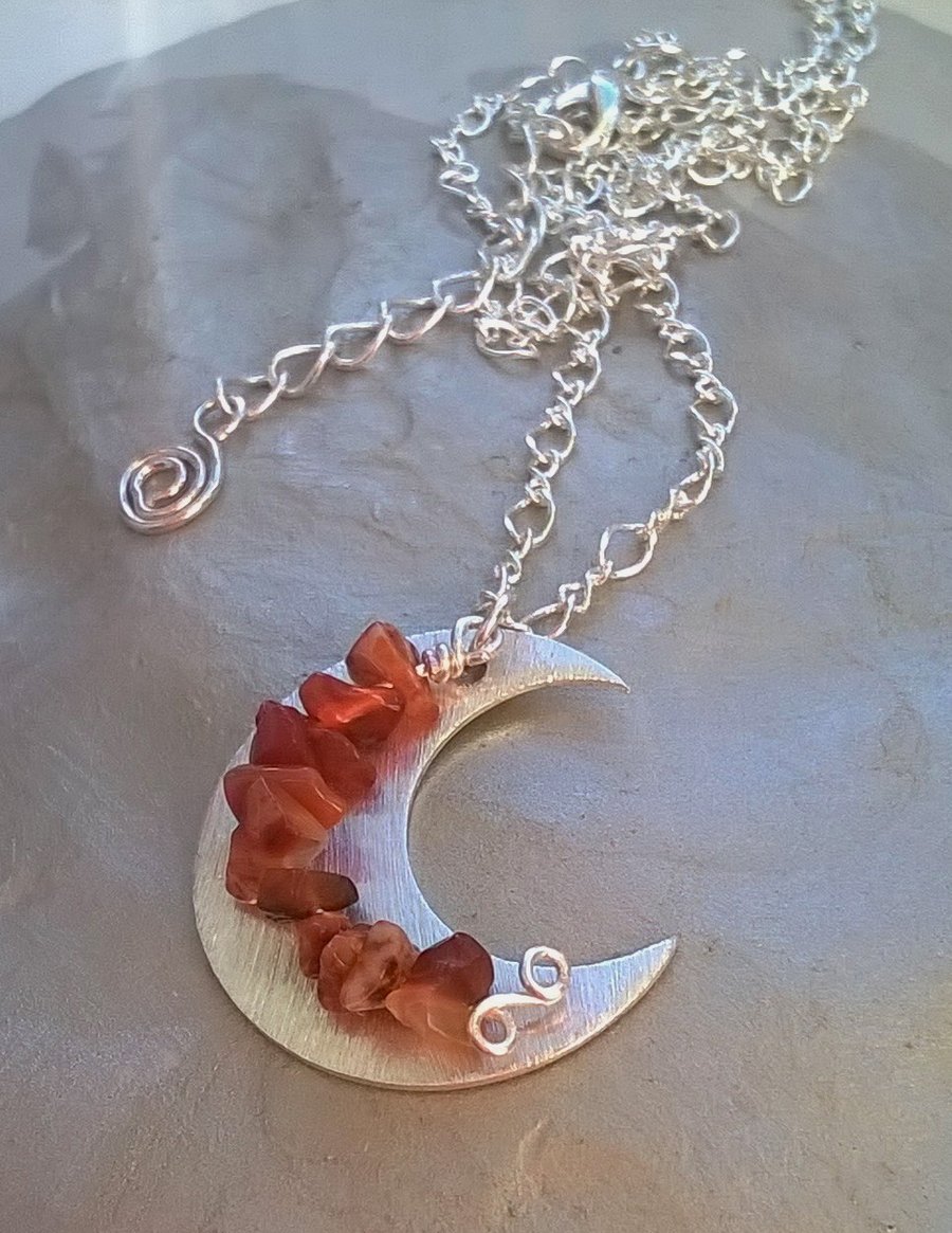 Carnelian and silver plated moon necklace