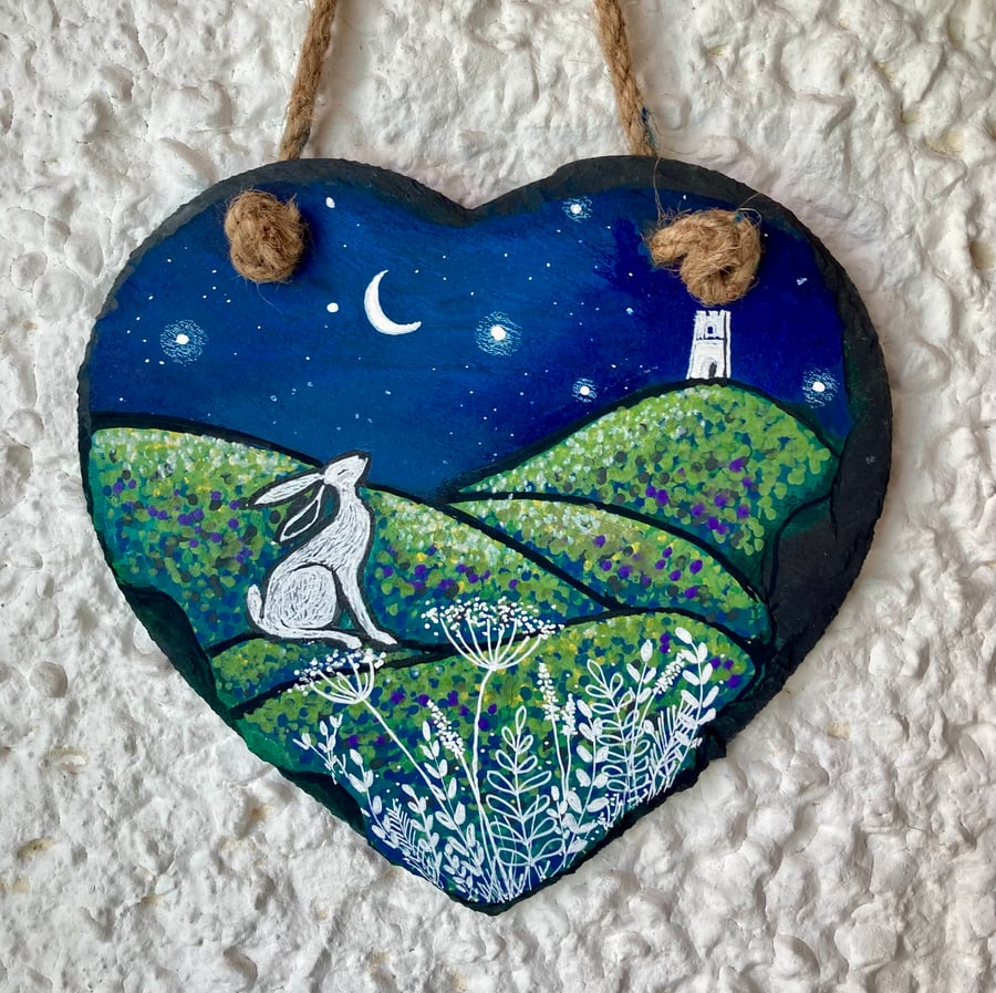 Large Hand-Painted Slate Heart Wall Hanging  Mystical Moon Hare & Tor