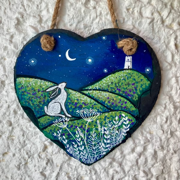 Large Hand-Painted Slate Heart Wall Hanging  Mystical Moon Hare & Tor