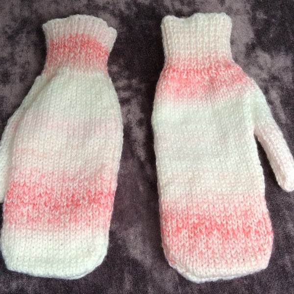 Hand Knitted Pink White Mittens Adult size