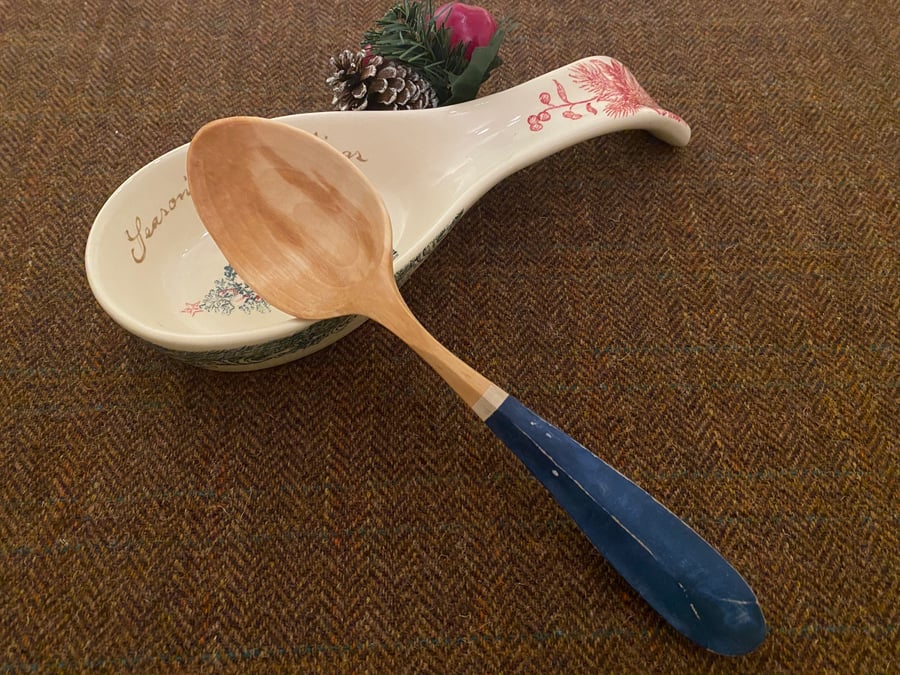 Birch Serving Spoon with Hanger Hook and Blue Handle