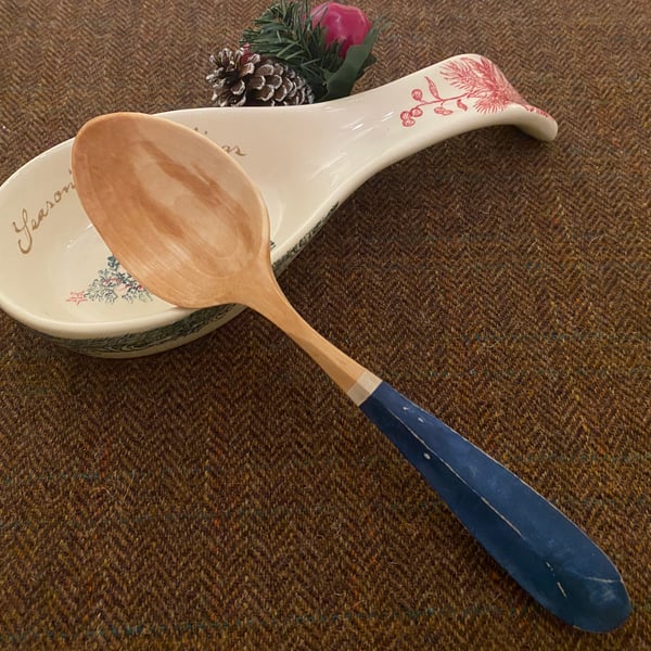 Birch Serving Spoon with Hanger Hook and Blue Handle