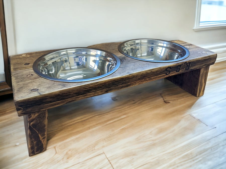 Wooden Dog Bowl Stand Rustic Pet Feeder Reclaimed Cat Bowls THE CHUM