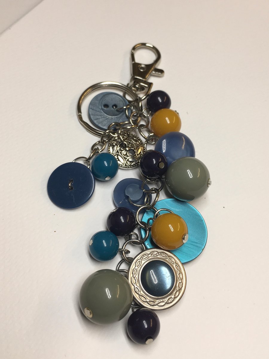 Repurposed vintage button and costume jewellery bag charm and keyring 