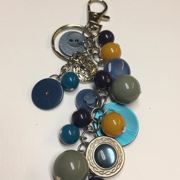 Repurposed vintage button and costume jewellery bag charm and keyring 