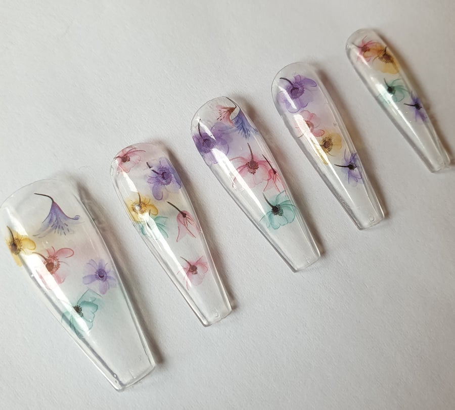 Clear flower decal press on nails
