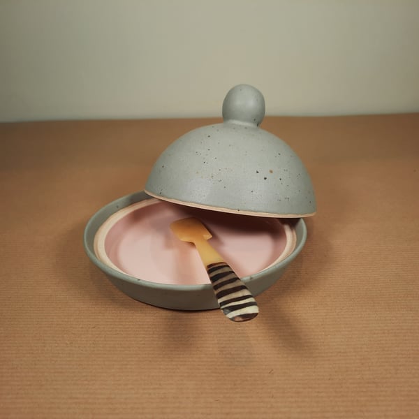 HAND MADE PINK AND GREY CERAMIC BUTTER DISH