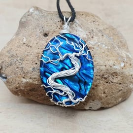 Wire Wrap Blue Abalone tree of life pendant necklace. Paua Shell