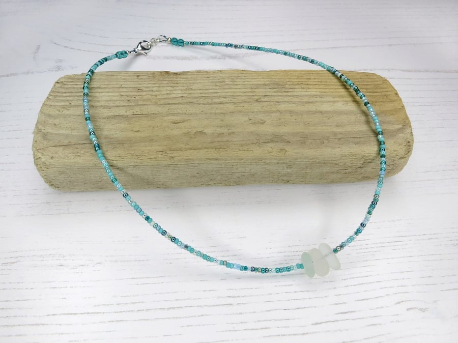 Cornish Sea Glass Necklace with Little Turquoise Glass Seed Beads 