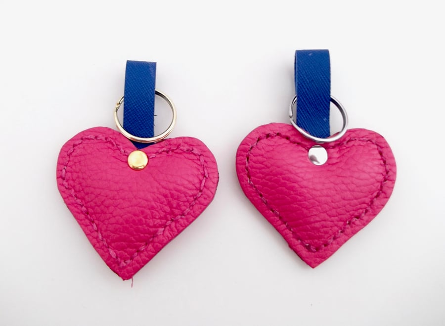  Leather Padded Heart Keyring, Bag charm Hot Pink & Blue Genuine Leather
