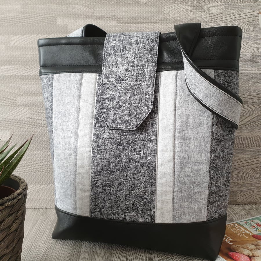 Handmade Grey Cotton Tote Bag - Black Faux Leather Shoulder Handbag Large