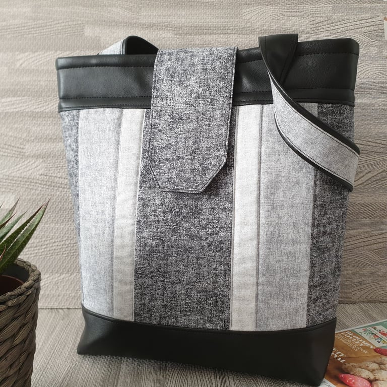 Handmade Grey Cotton Tote Bag - Black Faux Leather Shoulder Handbag Large