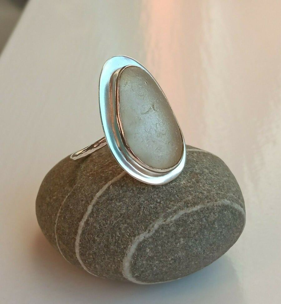 White Cornish Seaglass Adjustable Ring in Recycled Sterling Silver (Ecosilver)