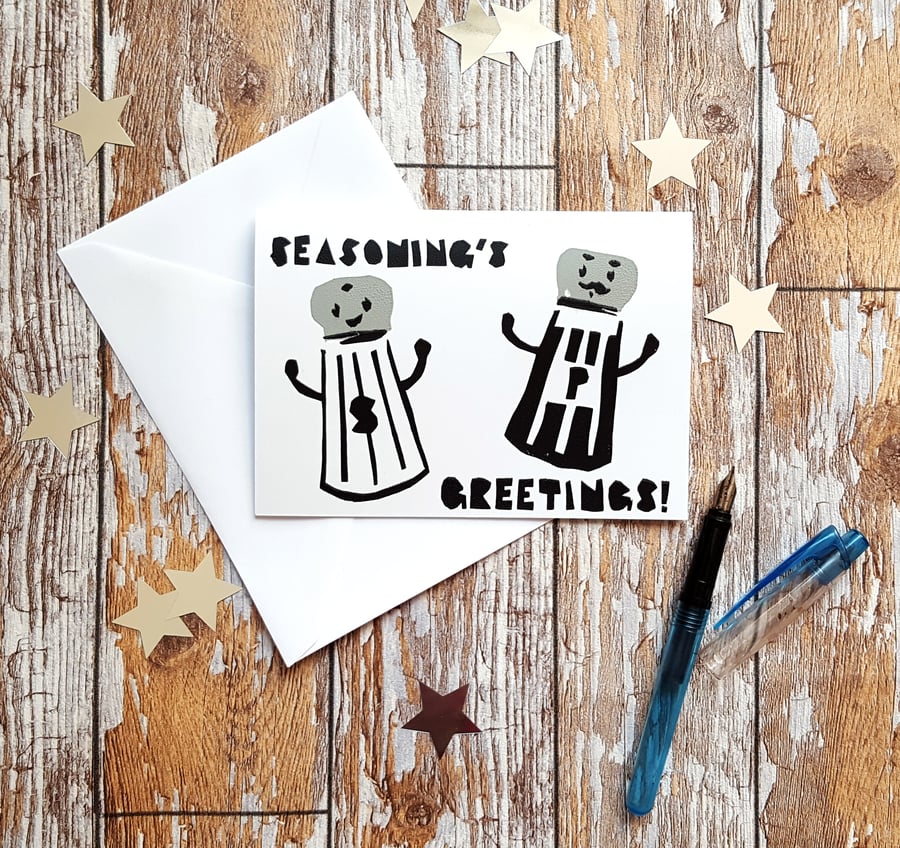 Screenprinted Salt and Pepper Pun Christmas Card - 'Seasoning's Greetings'