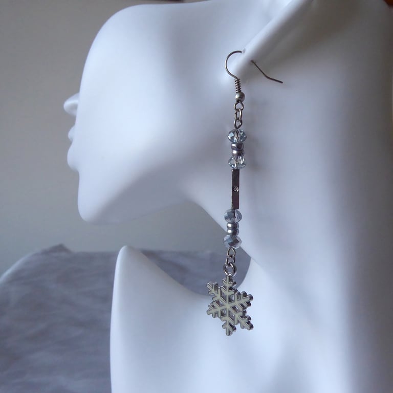 Pair of Long Dangly Enamelled Snowflake Earrings with Glass & Metal beads  