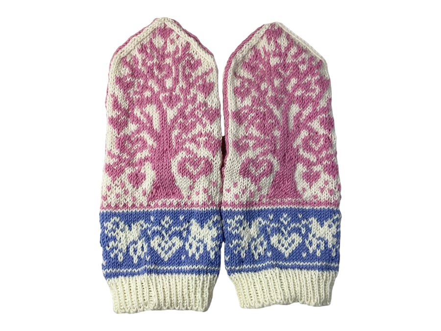 wool mittens with tree, birds and hearts motif , pink valentines gift mittens