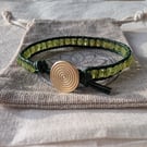 Peridot and green leather bracelet with button fastener, August birthstone 