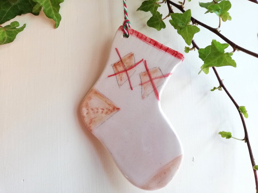 Ceramic christmas stocking tree decoration handmade ornament bauble