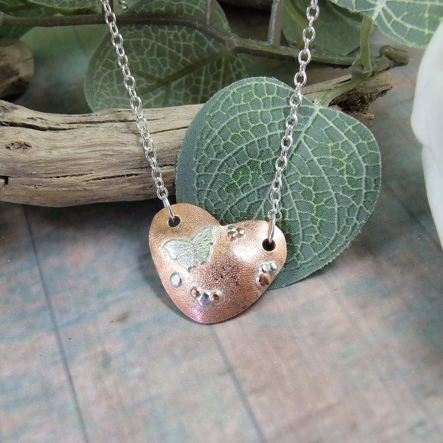 Heart & Butterfly Copper and Silver Pendant