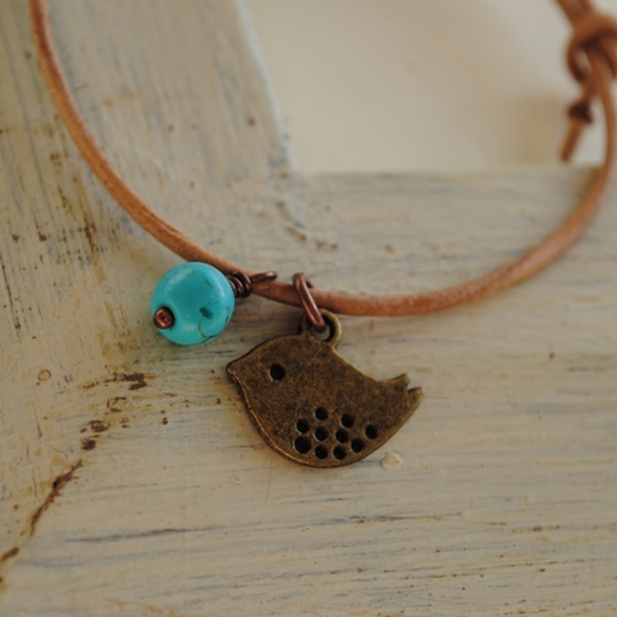 Friendship Bracelet-Natural leather & copper bird friendship bracelet