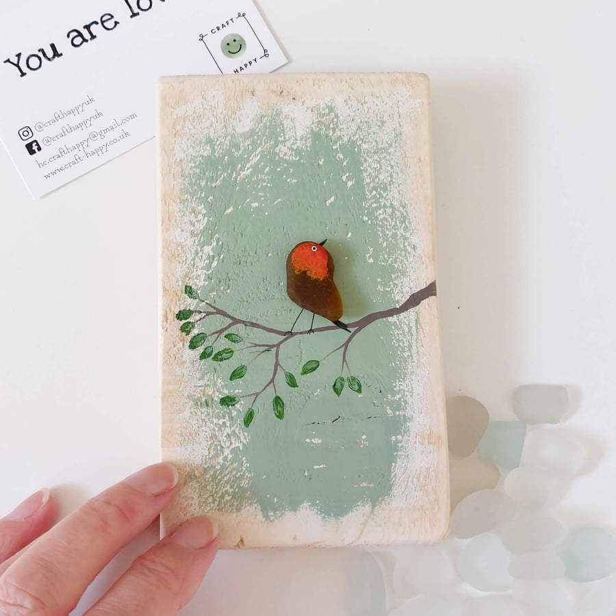 Rustic Robin Wall Art - Hand Painted Reclaimed Artwork, Sea Glass Robin 