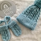 Hand Knitted Baby Boy’s Cable Knit Hat & Mittens (0-6 months)