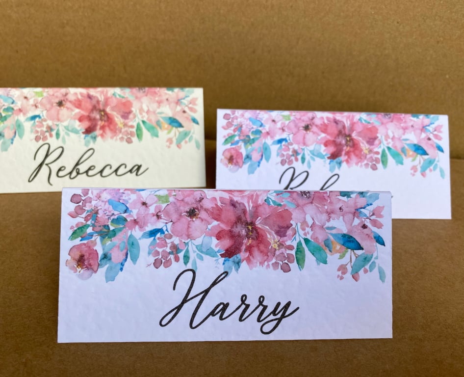 6x place CARDS pink aqua green blue flowers table foliage name wedding decor