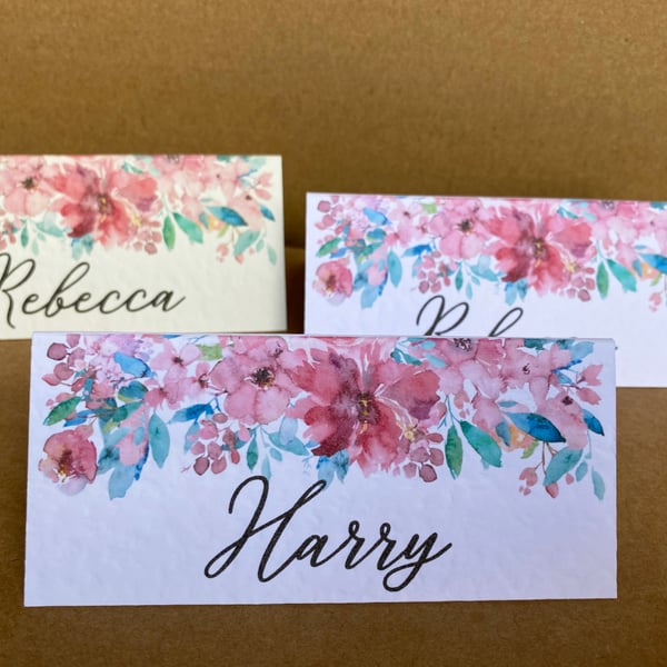 6x place CARDS pink aqua green blue flowers table foliage name wedding decor