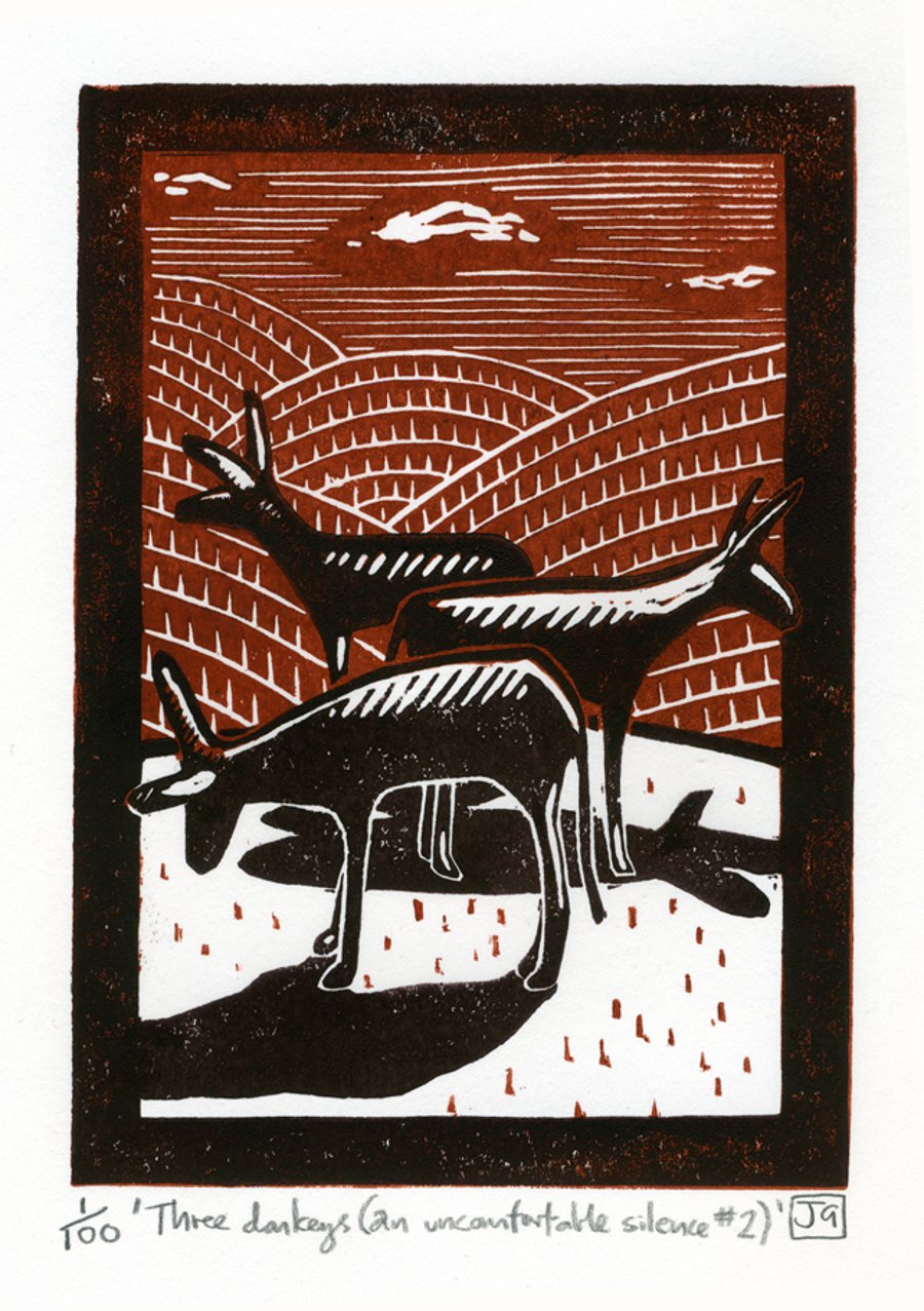 Three donkeys (an uncomfortable silence no.2) 2-colour linocut print