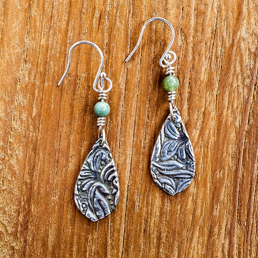 Oxidised Fine Silver Textured Drop Earrings with Agate