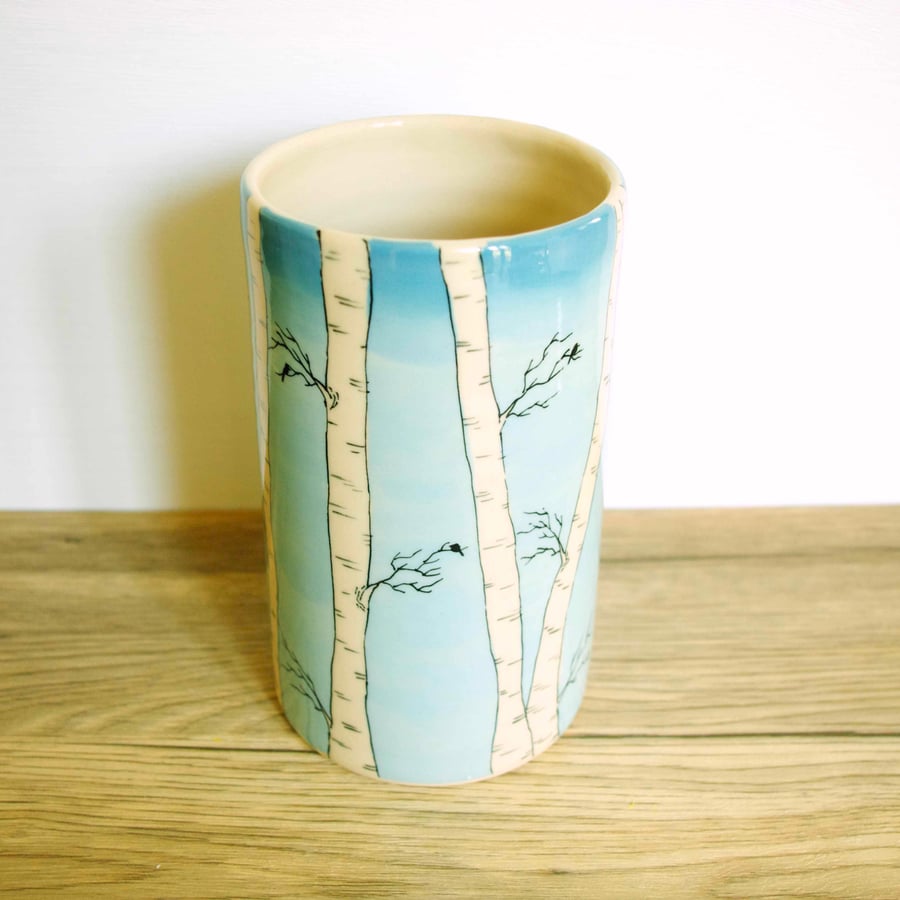 Large Cylinder Vase - Birch Tree, Sky and Birds
