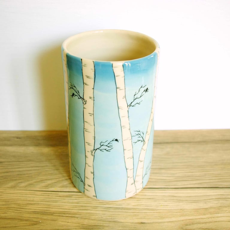 Large Cylinder Vase - Birch Tree, Sky and Birds