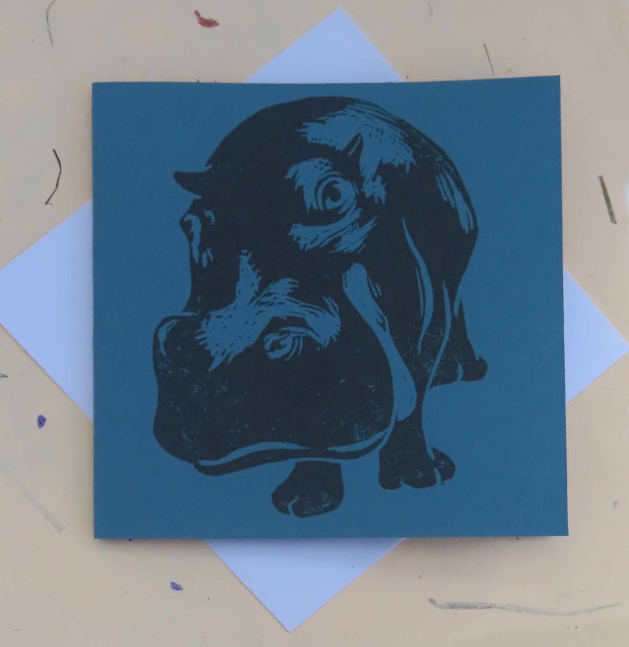 Hippo Art Greeting Card From Original Lino Cut Print Blue