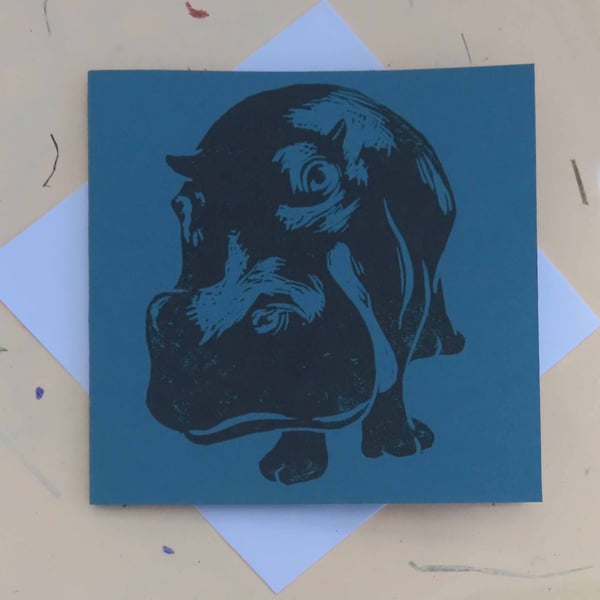 Hippo Art Greeting Card From Original Lino Cut Print Blue