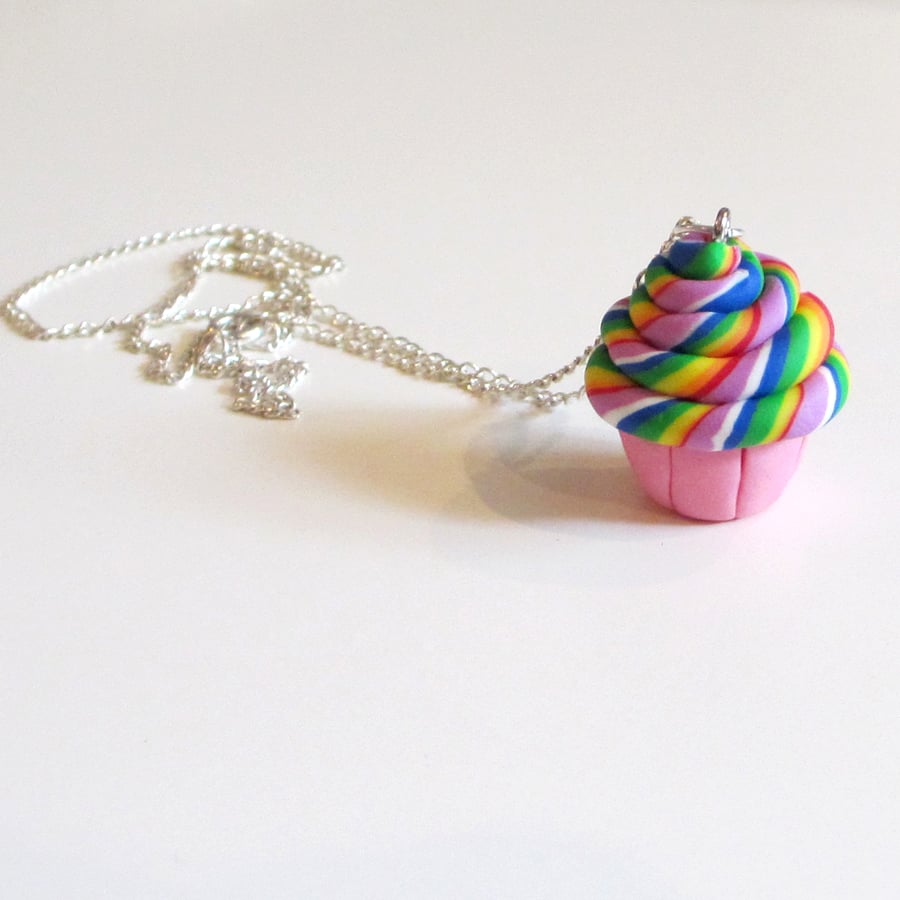 Retro Rainbow swirl cupcake necklace Quirky, fun, unique, handmade novel