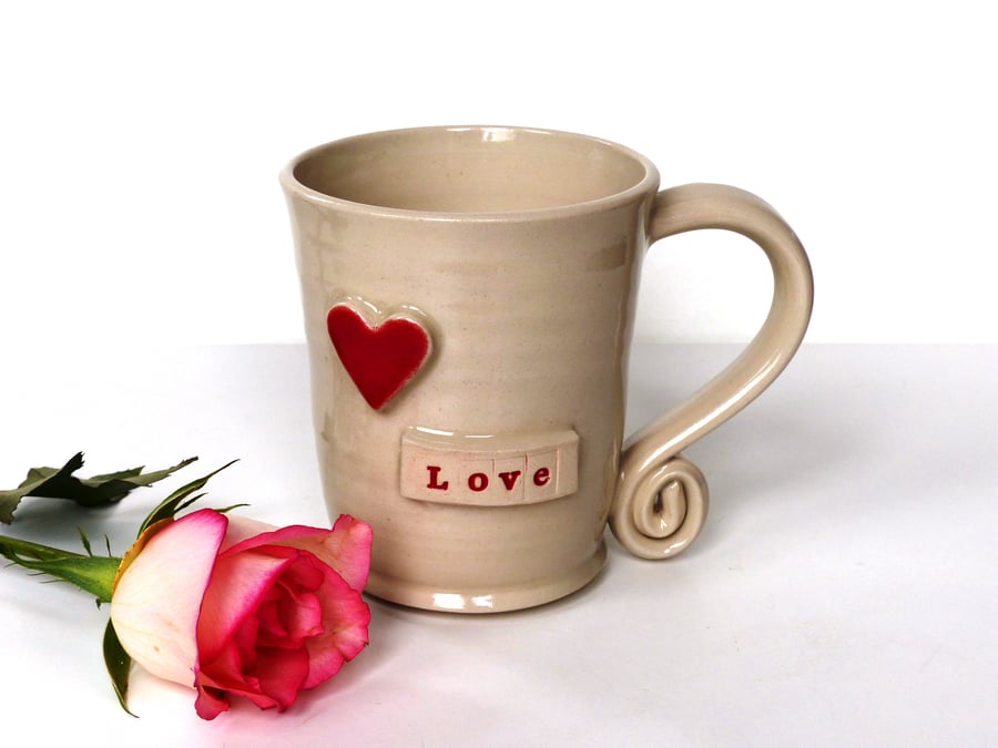 Love  and Red Heart -  White Cream Mug,  Ceramic Pottery Handmade Stoneware