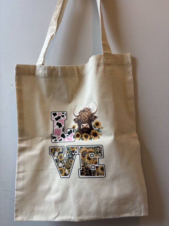 LOVE Highland Cow tote bag
