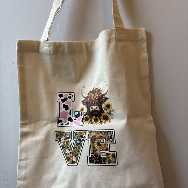 LOVE Highland Cow tote bag