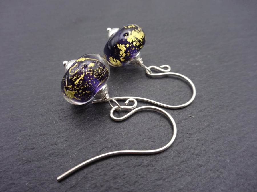 sterling silver, lampwork glass earrings purple and gold leaf
