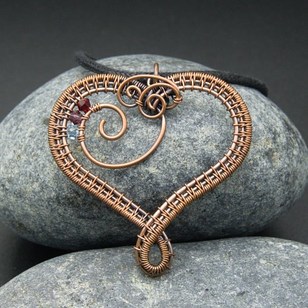 Customisable Copper Wire Weave Heart Birthstone Pendant - 7th Anniversary gift