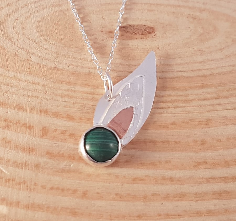 Sterling Silver, Copper and Malachite Leaf Necklace