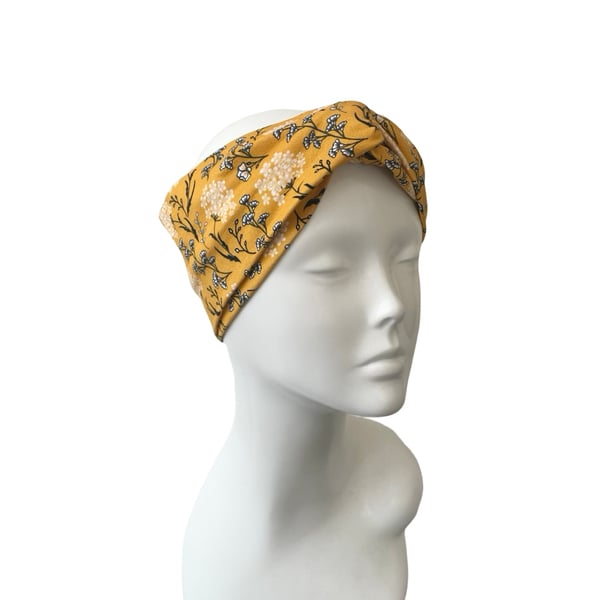 Floral mustard yellow layered turban twist fashion headband for women