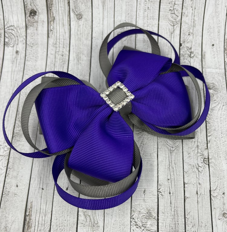 Large 5 inch Purple and Grey Double Layer Bow with Double Loops