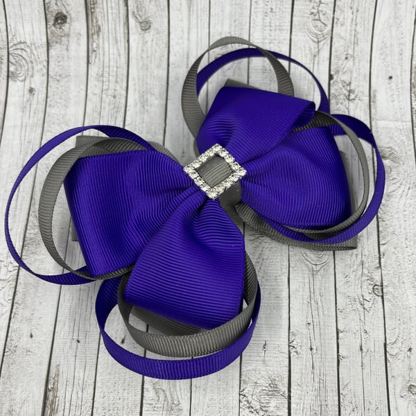 Large 5 inch Purple and Grey Double Layer Bow with Double Loops