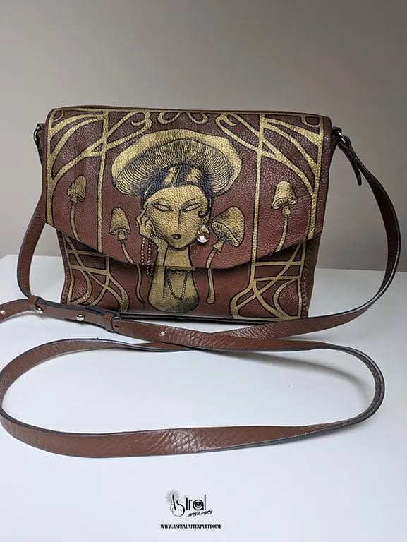 Hand-Painted Mushroom Lady on Soft Leather Handbag