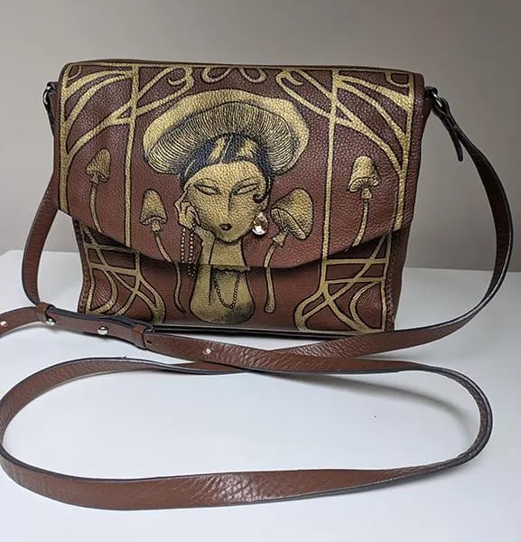 Hand-Painted Mushroom Lady on Soft Leather Handbag