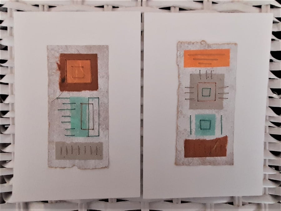 Colourful Combinations Orange Teal Grey Handstitched Geometric Art Pictures