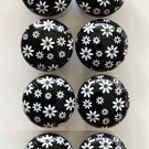 Pack of 8 Flower Design Buttons, 15mm Wide, White Flowers on Black, Domed