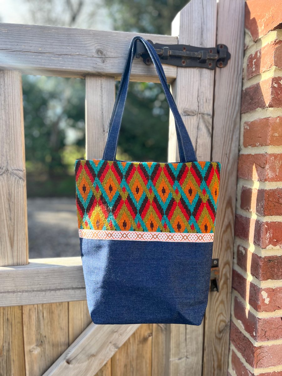 Reclaimed tapestry and denim tote bag