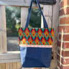 Reclaimed tapestry and denim tote bag